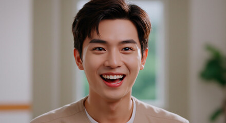 An Asian man in his late twenties with a brilliant smile, exuding positive energy against a soft, neutral-toned backdrop.