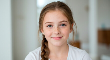 Portrait of a girl with freckles, wearing a white t-shirt, and her hair braided. A clean, bright background adds to the natural look.