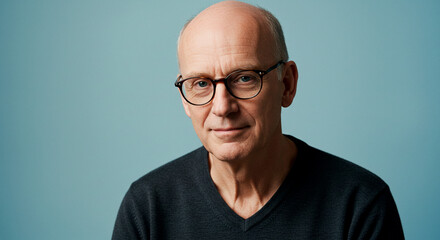 Portrait of a mature man with glasses. He is wearing a black sweater and has a slight smile on his face against a blue background.