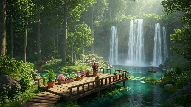 Waterfall in the forest viewing Seamless looping time lapse 4k video animation background, waterfall