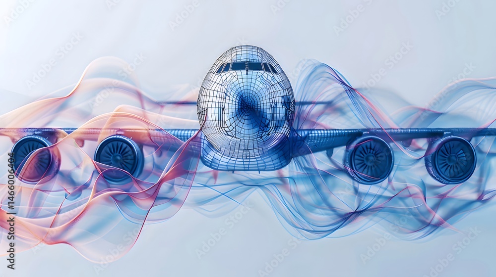 Aufkleber 青い背景に赤い波と脳のグラフィックを備えた航空機エンジンの3dレンダリング