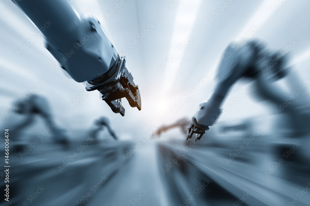 Poster robotic arm automation industry technology factory machinery metal futuristic manufacturing teamwork