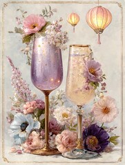 Two elegant cocktail glasses surrounded by blooming flowers and pastel lanterns create a romantic, vintage celebration scene.