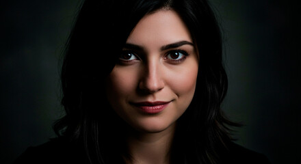Intimate Portrait: A young woman with dark hair and a subtle smile gazes directly at the viewer in a studio setting.