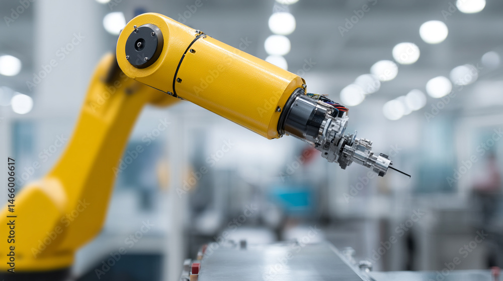 Poster robotic arm yellow industrial automation machinery factory technology assembly metal precision worki