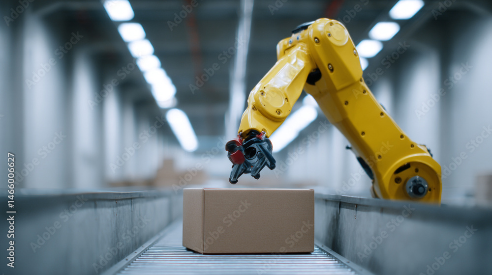 Poster robotic arm automation logistics warehouse package conveyor technology industry yellow efficiency�a 
