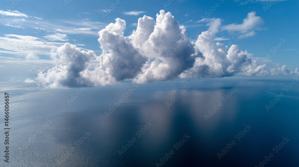 Aufkleber fluffy clouds float above calm blue ocean, their reflections shimmering on water under bright sky, c