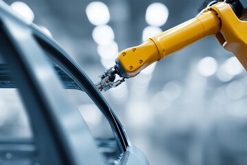 Robotic arm precisely installing car window in modern factory, showcasing advanced automation, technology, and efficiency in automotive manufacturing process