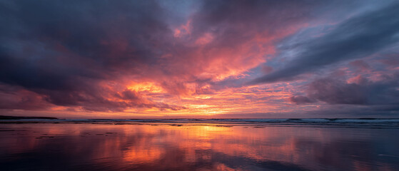 Fototapeta premium Dramatic sunset sky with vibrant clouds reflecting on calm ocean water, creating peaceful and colorful seascape atmosphere with warm and cool tones blending beautifully