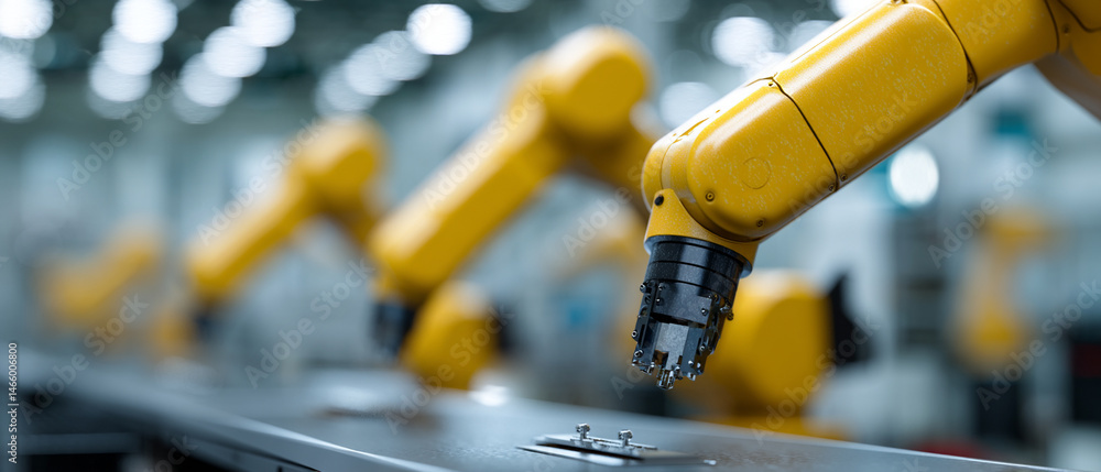 Poster Robotic arm automation factory technology yellow industrial synchronized machinery metal precision�A row of yellow robotic arms performing synchronized tasks modern factory showcasing advanced