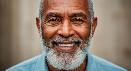 Warm smile of a distinguished mature man. His expression conveys wisdom, contentment, and a genuine sense of happiness.