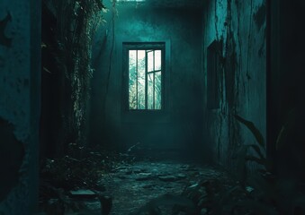 A dimly lit, overgrown, abandoned corridor with a window.  Vegetation creeps along the walls and floor