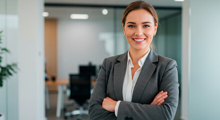 Confident professional woman in office. Leader with warm smile and arms crossed in modern workplace. Successful businesswoman portrait.