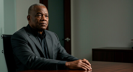 Formal portrait of a man sitting at a table in a modern office. He is wearing a suit and looking off to the side thoughtfully.