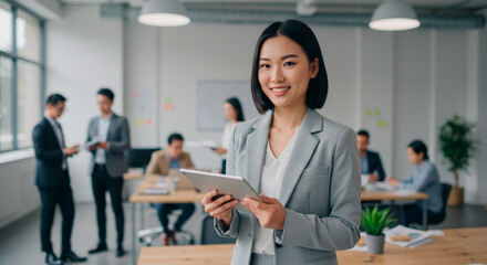 Young professional woman in business attire stands in a modern office space while holding a tablet and smiling confidently.