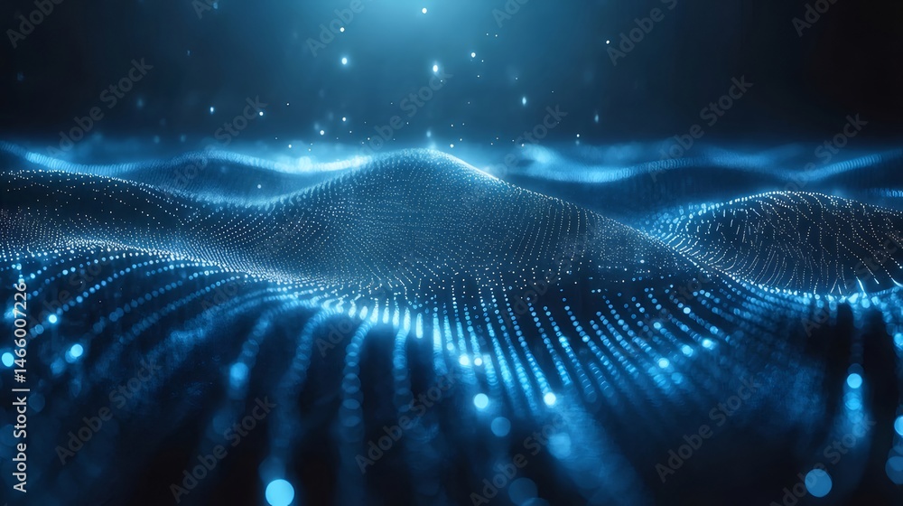 Poster 未来的な青いデジタル波状背景 光沢のある粒子と量子効果のある抽象的なテクノロジーネットワークデザイン