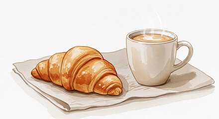 Delightful watercolor painting of a freshly baked croissant and a steaming cup of coffee served on rustic paper napkin perfect for breakfast menus bakery websites or coffee shop promotions.