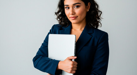 Obraz premium Confident professional woman in navy blazer, holding a laptop, ready to conquer business challenges with elegance and expertise.