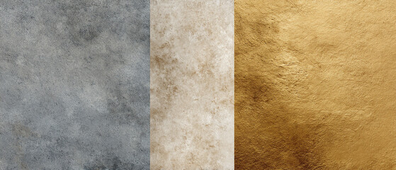 Three metallic mineral textures featuring silver, bronze, and gold surfaces, each with unique blend of rough, luxurious, and elegant finishes, perfect for backgrounds or design inspiration