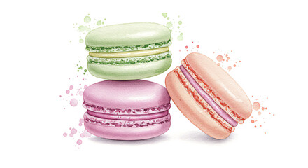 Delightful watercolor painting of pastel-colored macarons a tempting trio of French pastries perfect for bakery menus websites or dessert-themed projects showcasing sweet treats and culinary artistry