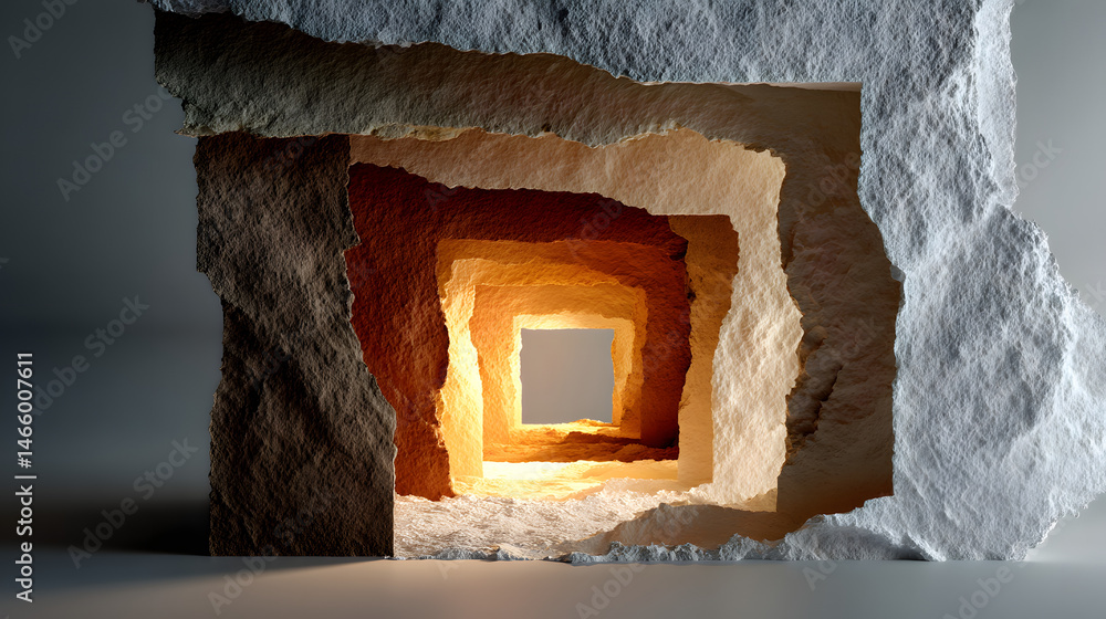 Poster illuminated stone passage abstract 3d render of a glowing inner cave