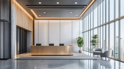 A modern office lobby with a large glass wall, a wooden reception desk, and a large plant in the background.