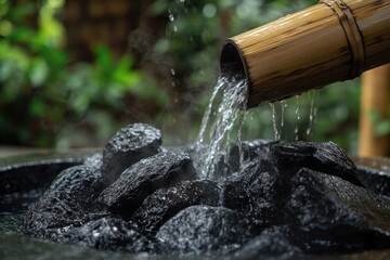 Bamboo pipe pouring hot water over dark stones in a basin, creating steam. Lush greenery in the background