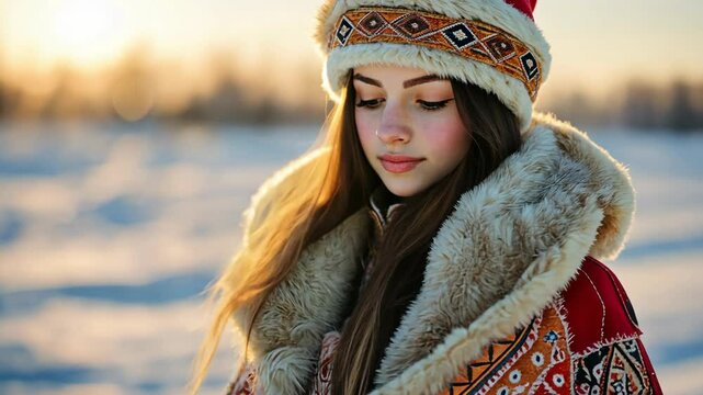 pretty Russian woman  at outdoor snow covered winter landscape wearing fur coat and traditional fur cap, calm peaceful 