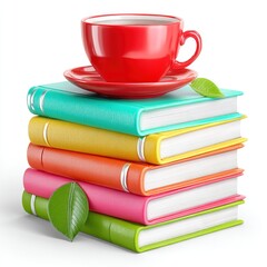 Naklejka premium Stack of Books in Assorted Colors with Red Cup and Leaves on White Background