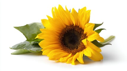 Obraz premium Bright and Cheerful Sunflower with Green Leaves on a White Background Perfect for Summer Decorations and Floral Arrangements Evoking Joy and Warmth