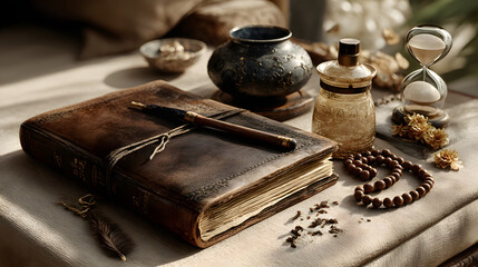 Vintage Leather Journal, Antique Pen, Hourglass, and Spiritual Decor