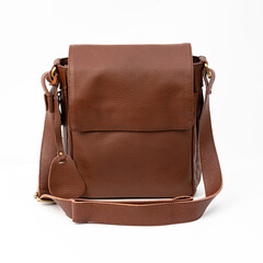 Blank brown leather shoulder bag isolated on white background, perfect for leather product catalogue