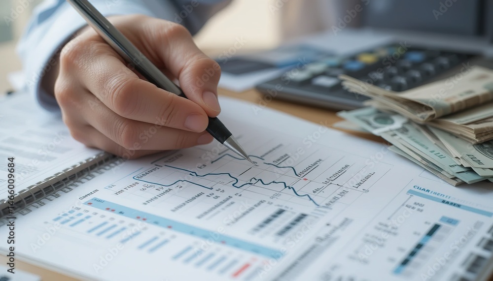 Poster analyzing financial data: hand with pen tracing a line graph on