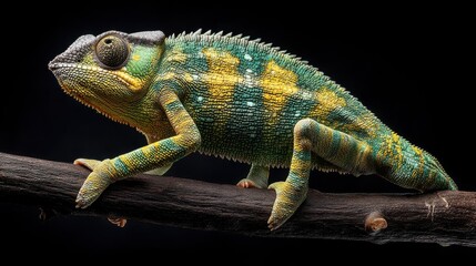 Naklejka premium Colorful Chameleon Sitting on Branch with Spiny Back and Unique Pattern Against Dark Background