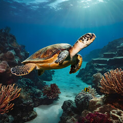 Fototapeta premium Majestic Green Sea Turtle Gracefully Swimming in Vibrant Coral Reef Underwater Paradise