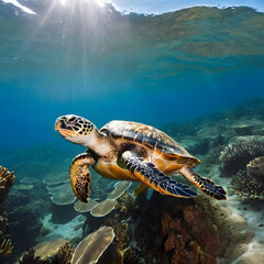 Obraz premium Majestic Green Sea Turtle Gracefully Swimming in a Vibrant Coral Reef Sunbeams Illuminating the Ocean