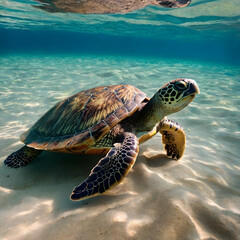 Majestic Green Sea Turtle Gracefully Swimming in Shallow Sunny Ocean Waters