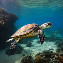 Fototapeta premium Majestic Sea Turtle Gracefully Swimming in a Vibrant Coral Reef Ecosystem