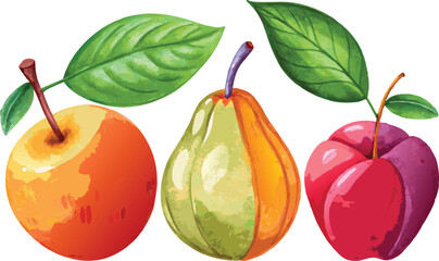 Watercolor Fruit Illustration: Apple, Pear, Plum with Leaves, Colorful Still Life Painting, Fresh Food Art, Vector Graphic Design