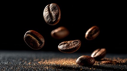 Fototapeta premium Floating Coffee Beans Against Dark Background with Fine Coffee Grounds, Perfect for Beverage and Culinary Themes