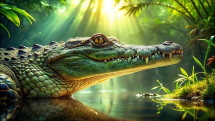 Fototapeta premium A large green crocodile with piercing gaze, its eyes visible above water surface, surrounded by aquatic plants and sunlight filtering through the water , wildlife, scenery
