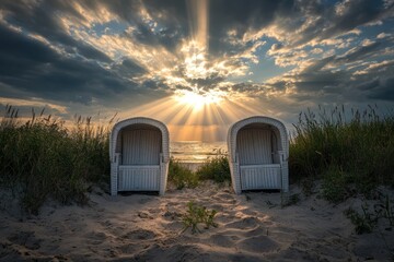 Two white wicker beach chairs on a sandy beach, facing the sunset. Sunlight rays burst through dramatic clouds