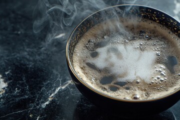 Steaming coffee in a dark bowl, top view.  A rich, frothy, hot drink with rising steam, resting on a dark stone surface