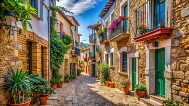 Fototapeta Ancient stone walls and narrow cobblestone streets in historic Calella de Palafrugell old town with colorful Catalan-style buildings and picturesque balconies , narrow streets, spanish