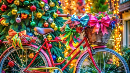 Fototapeta premium Colorful bicycle with vibrant ribbons and bows decorated for a festive holiday, bicycle, colorful, bicycle, colorful