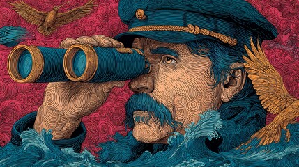 Sea Captains Voyage Intricate Art with Ocean View.