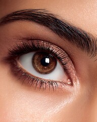 Obraz premium Close-up of Latin woman's eyes with Glamorous fashion makeup, white background, clinic lighting.