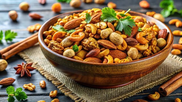 Golden brown roasted mixed nuts tossed in a bowl of fragrant herbs and spices like cumin coriander and turmeric, roasted