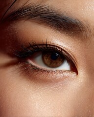 Obraz premium Close-up of Asian woman's eyes with Classic fashion makeup, white background, clinic lighting.