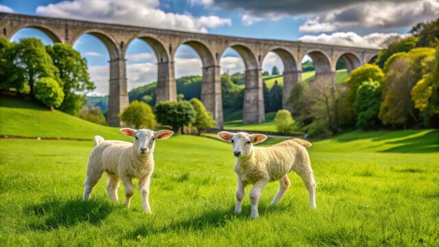 Two lambs playfully frolic in a lush green meadow while the historic Chirk Aqueduct stands majestically in the background, heritage, peaceful